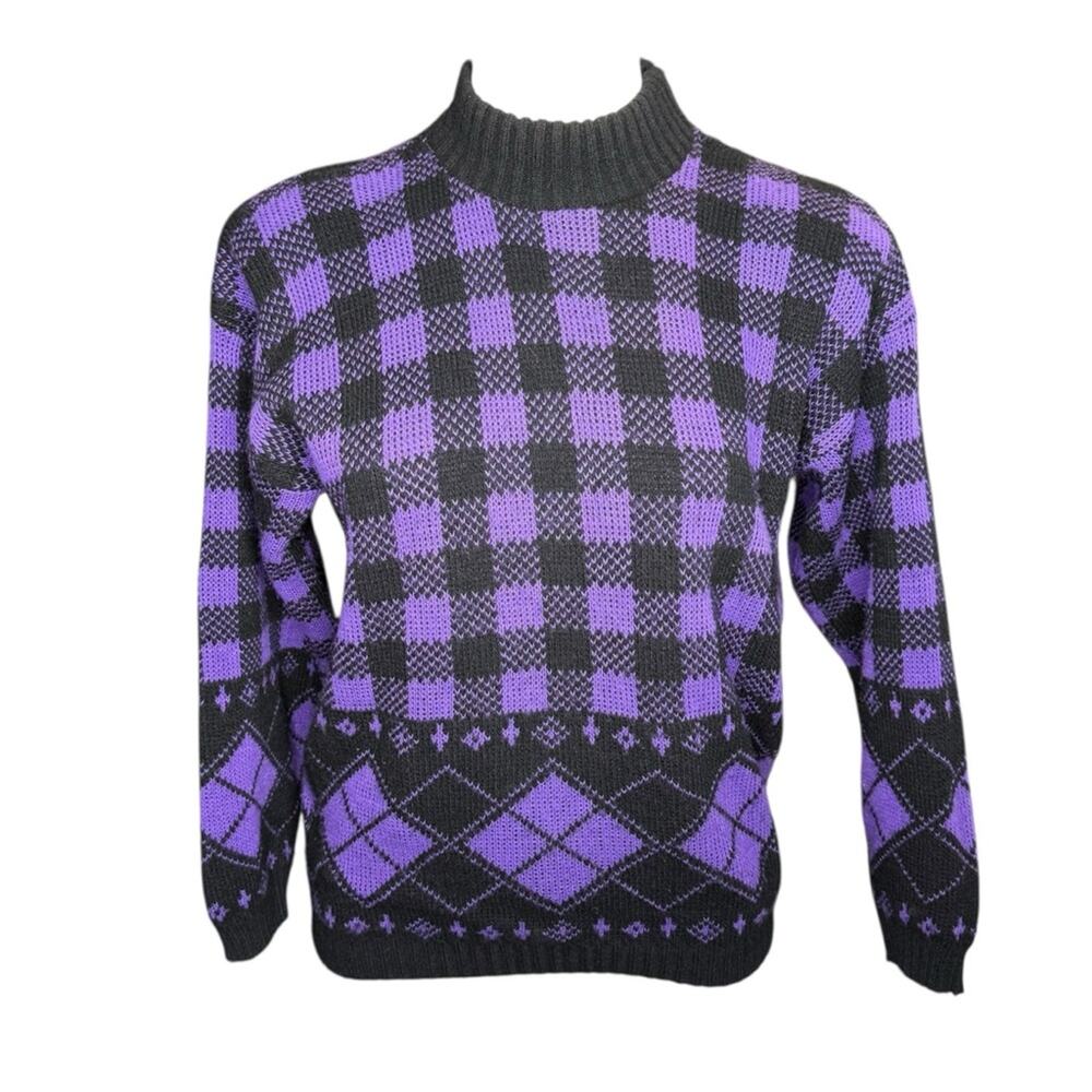 Vintage 80s Purple Black Plaid Argyle Sweater Retro Grunge Knit Mock Neck